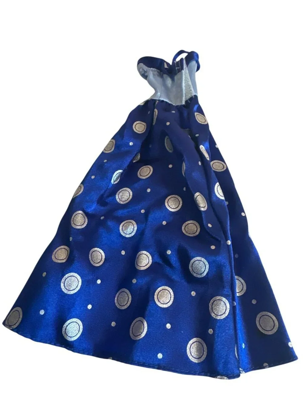 Genuine Barbie Blue Satin Polka Dot Doll Gown Dress Silver Accents Formal